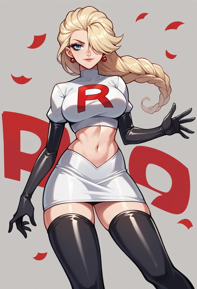 elsa, 1girl, solo ,blonde hair, blue eyes ,hair covering one eye, hair ornament ,glossy lips, earings ,team rocket uniform, red letter R, white skirt,white crop top,black thigh-high boots, black elbow gloves, closed mouth, evil smile, 