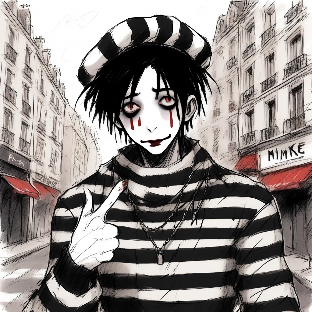 adult tall male mime, shirt grunge, sketchy lines, messy hair, black hair, wearing a beret, score_8_up, score_9_up,happy, has mime makeup on, wearing a mime outfit, dark blue eyes, performing on the streets of paris, showing full body, on a city street, solo, alone, (SOLO)(ALONE) Dancing, arms out, hands open, wearing a scarf