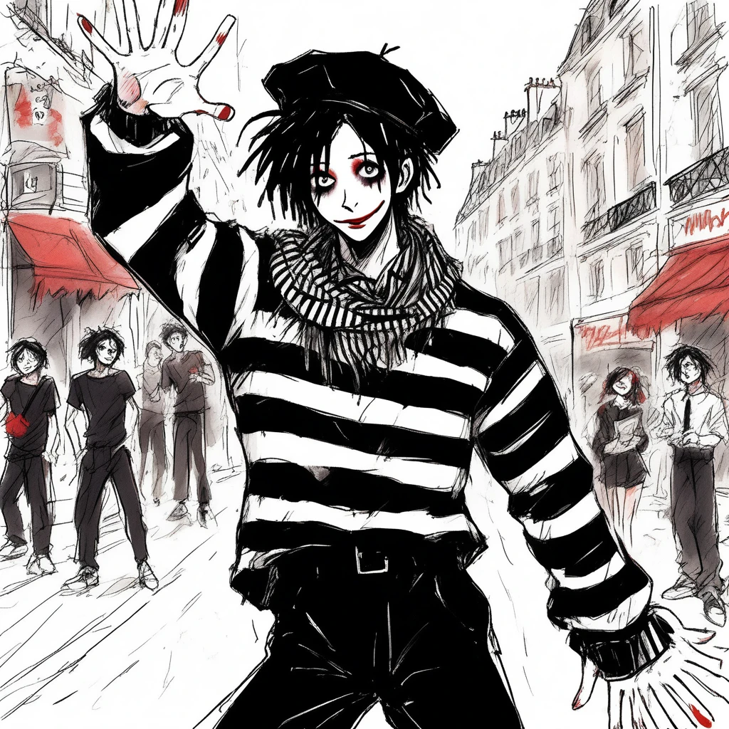 adult tall male mime, shirt grunge, sketchy lines, messy hair, black hair, wearing a beret, score_8_up, score_9_up,happy, has mime makeup on, wearing a mime outfit, dark blue eyes, performing on the streets of paris, showing full body, on a city street, solo, alone, (SOLO)(ALONE) Dancing, arms out, hands open, wearing a scarf