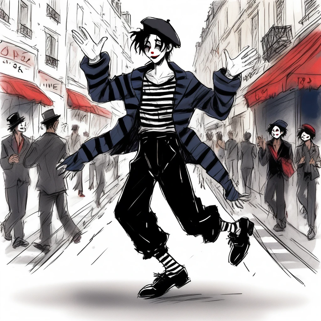 adult tall male mime, shirt grunge, sketchy lines, messy hair, black hair, wearing a beret, score_8_up, score_9_up,happy, has mime makeup on, wearing a mime outfit, dark blue eyes, performing on the streets of paris, showing full body, on a city street, solo, alone, (SOLO)(ALONE) Dancing, arms out, hands open, wearing a scarf