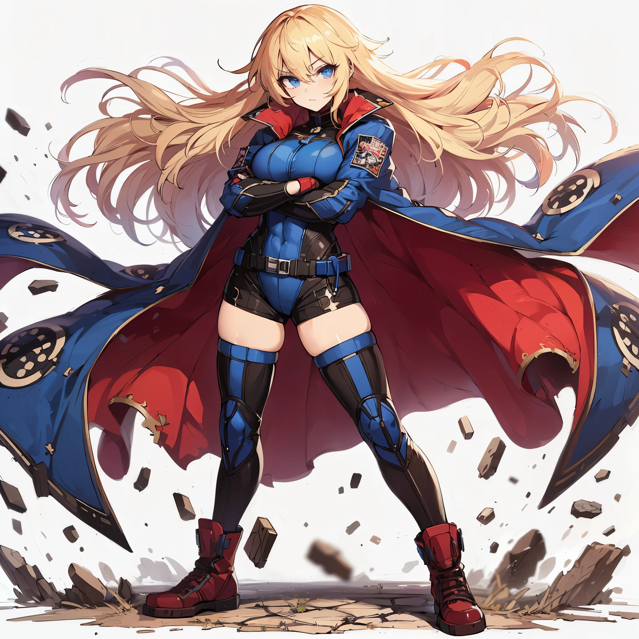 (masterpiece, Best Quality), (detailed hairs), Ultra-detailed, Anime style, Full body, Solo, Cyberpunk martial arts girl, blonde hair, blue eyes, wrestler costume, Hero Domino Mask, folded arms, red cape fluttering in the wind, wearing long boots, ultra-massive, tall stylish, VERY MASSIVE. Muscular but feminine body shape, White background, standing full length, standing on wasted earth,
