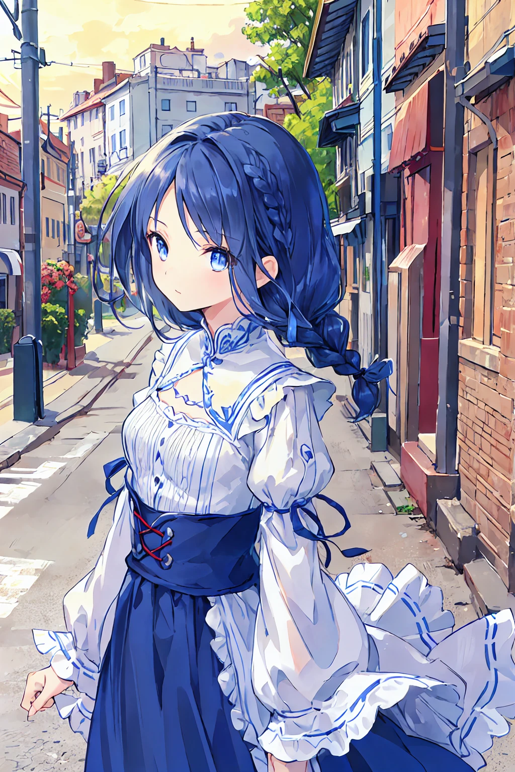 Tabletop, highest quality,shape, wallpaper, Very detailed, Absurd beauty、1 beautiful girl、 (Mid-length hair、Short braided hair), Very detailed beautiful eyes , Hair blowing in the wind、Please make the head smaller、Street corner scenery,Small breasts