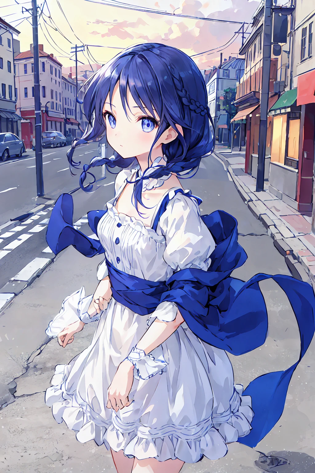 Tabletop, highest quality,shape, wallpaper, Very detailed, Absurd beauty、1 beautiful girl、 (Mid-length hair、Short braided hair), Very detailed beautiful eyes , Hair blowing in the wind、Please make the head smaller、Street corner scenery,Small breasts