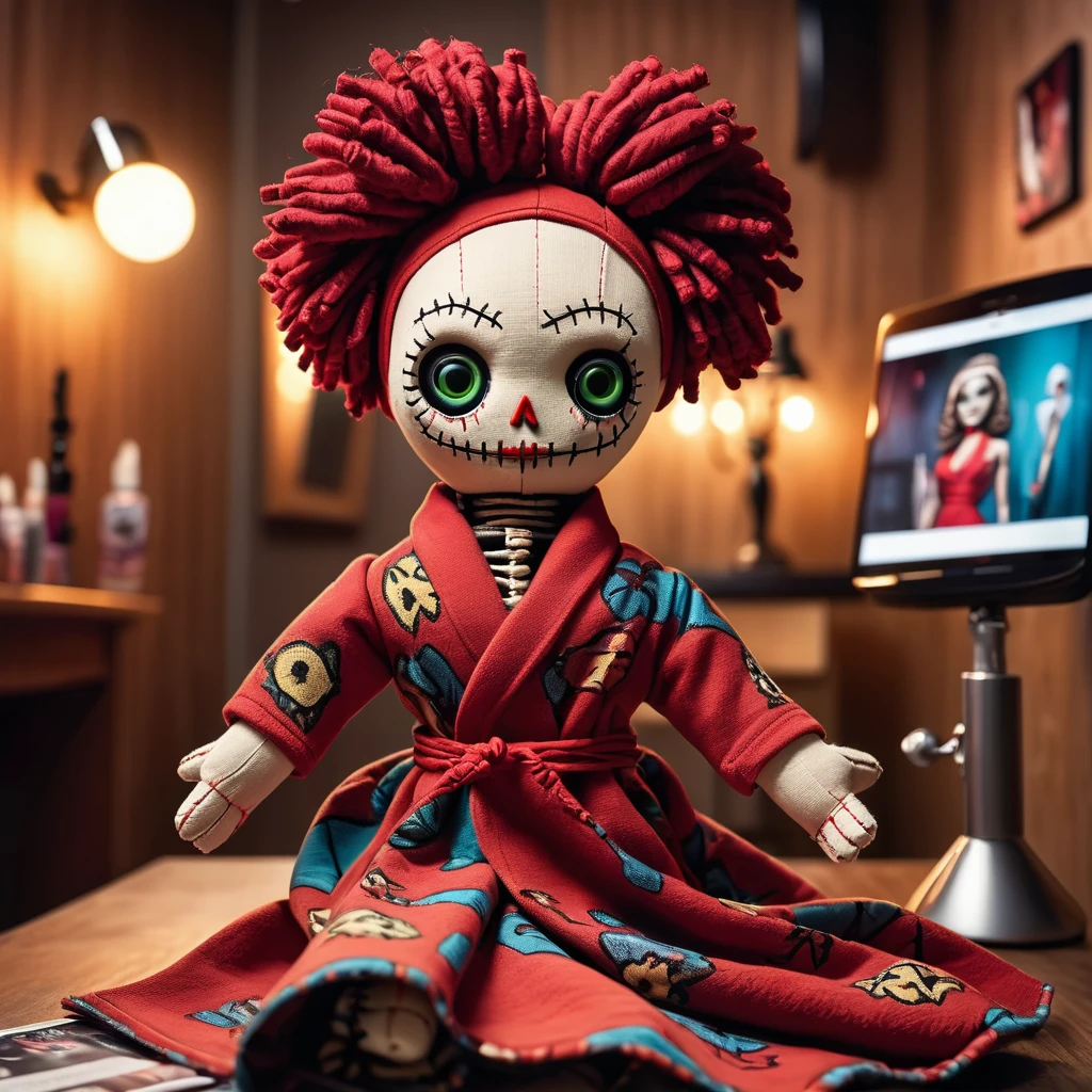 (knitted toy voodoo doll: 1.8), in a beauty salon, (holding a fashion magazine in her hands: 1.1), in clothes Terry robe, towel on head, in the background Salon with mirrors, chairs, hair dryers, best quality, masterpiece, detailed soft oil painting, detailed background, dramatic cinematic lighting, soft edge lighting, professional, dramatic lighting, hard edge lighting, ultra quality, 4k, masterpiece, best quality, 8k, ultra high definition, high resolution, extremely detailed