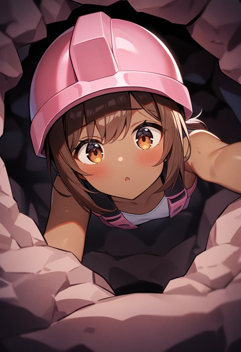 1girl, dark skin, partially burrowed, inside a hole, flat chest, brown eyes, brown hair, short ponytail, pink safety helmet, white digger gloves, rocky cavern, masterpiece quality, ultra HD, 4K, best quality