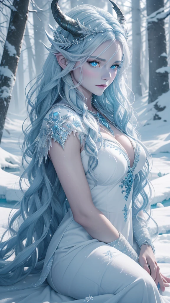 Best quality, cinematic image, Detailе.ed image, fantasy, mythical creature, horns, ice scales, beautiful woman, ice spirit, The Snow Queen, blue skin, Ice Dragon, detailed beautiful голубыe eyes, very long wavy white hair, cold look, White dress, big beautiful breasts, winter forest 