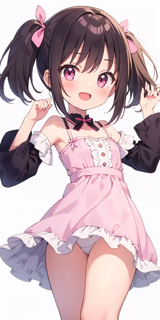 1girl, , cute daughter, happy, short hair, twintail hair, cute pink mini dress, upskirt, white panties side tie, white background