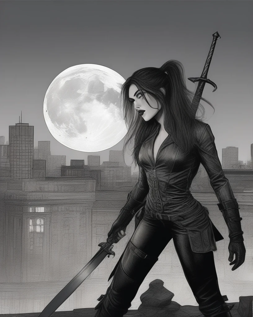 /imagine prompt: A captivating comic-style illustration featuring a 25-year-old female demon hunter with long wavy hair, in a black leather trench coat, corset, vinyl pants, and long boots, carrying a sword on her back. With gray eyes, black lips, and pale skin, she stands on a gargoyle atop a building with one leg raised, overlooking a cityscape under a full moon. The scene exudes a sense of mystery and strength, portraying the hunter as a formidable and skilled warrior in a dark and atmospheric setting, Artwork, pen and ink illustration with a focus on intricate details and dynamic character pose, --ar 16:9 --v 5