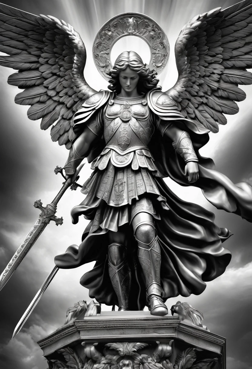 "A stunning digital masterpiece by Roman Bezpalkiv, featuring a black and white rendering of Saint Michael the Archangel wielding his mighty sword. The intricate details and fine art style make this piece a true winner."