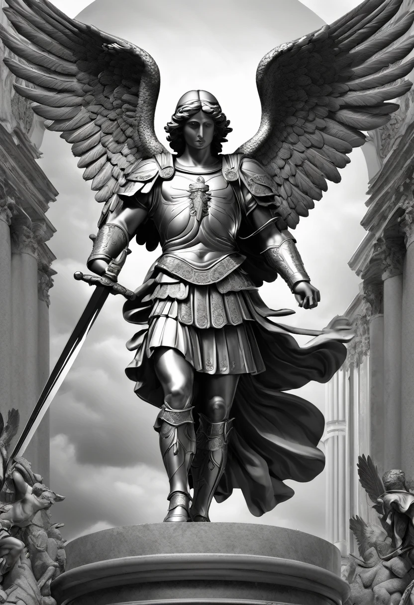 "A stunning digital masterpiece by Roman Bezpalkiv, featuring a black and white rendering of Saint Michael the Archangel wielding his mighty sword. The intricate details and fine art style make this piece a true winner."