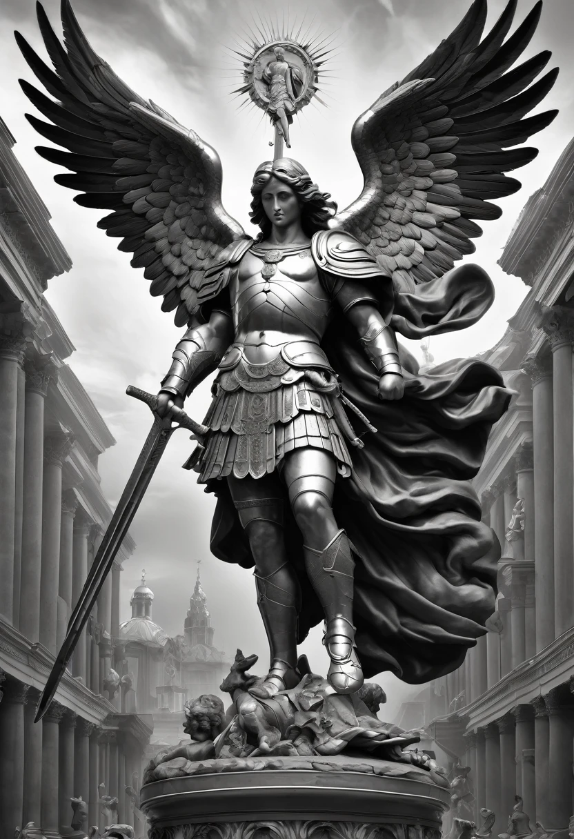 "A stunning digital masterpiece by Roman Bezpalkiv, featuring a black and white rendering of Saint Michael the Archangel wielding his mighty sword. The intricate details and fine art style make this piece a true winner."