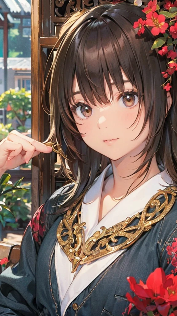 Official Art, wallpaper, Very detailed, (((Very detailedな目と顔))), shut up., masterpiece, highest quality, Realistic portraits, (ZenTangle, Mandala, Tangle, EnTangle), Complex clothing, Very detailed, Dynamic Angle, The most beautiful form of chaos, elegant, Brutalist Design, Vibrant colors, Romantic Chinese Flowers