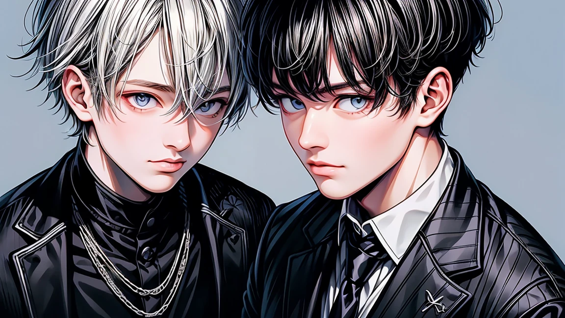 (Mastepiece), (Best Quality), Very detailed, ((Two friendly men)), Perfect Face, Beautiful Face, Very detailed顔,(Black Haired Man:1.3),(Man with white hair:1.3),suit,shirt