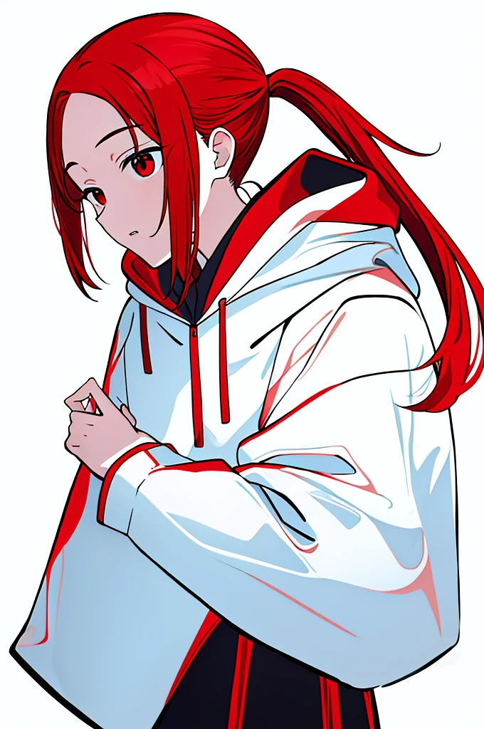 1 person, Red Hair, ponytail, red eyes, white hoodie, black pants, white background,