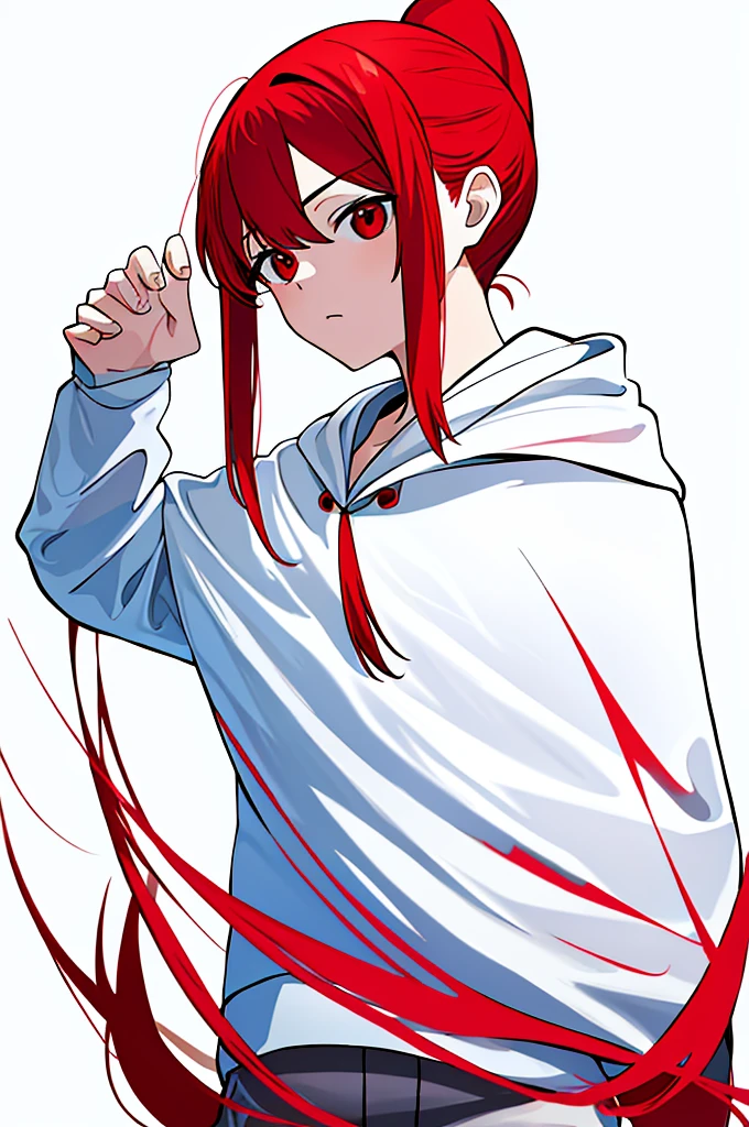 1 person, Red Hair, ponytail, red eyes, white hoodie, black pants, white background,