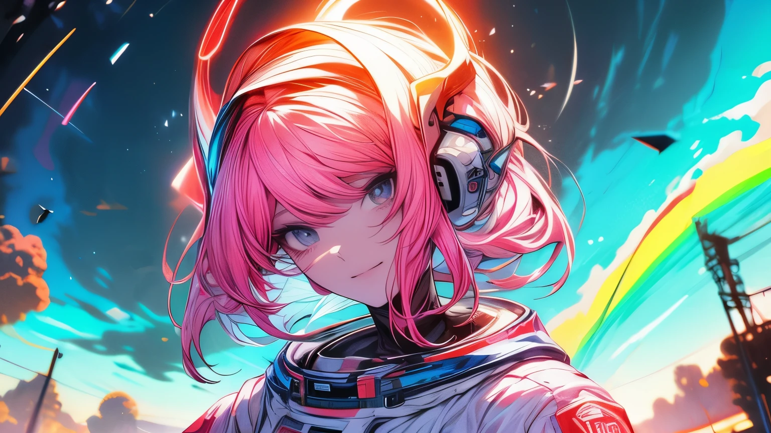 gomas para el pelo, contraerse de dolor, long eyelashes, solid circle eyes, sonrisa ligera, ear rubor, colmillo, (((pelo arcoiris))), constituir, rubor, sad, sad smile, sombra paralela, anaglyph, atmospheric perspective, 8K, Super detail, Preciso, Mejor calidad, (ciberpunk), bright lighting, obra maestra,1 chica, ((((dos colas cortas)))), Cabello colorido, Volador, arcos rosas,((16 year old female model)), (angel halo) , (((de cerca))), tiro a la altura de los ojos, (((astronaut))), (((plano general))), ((((( salpicadura de color ))))),
