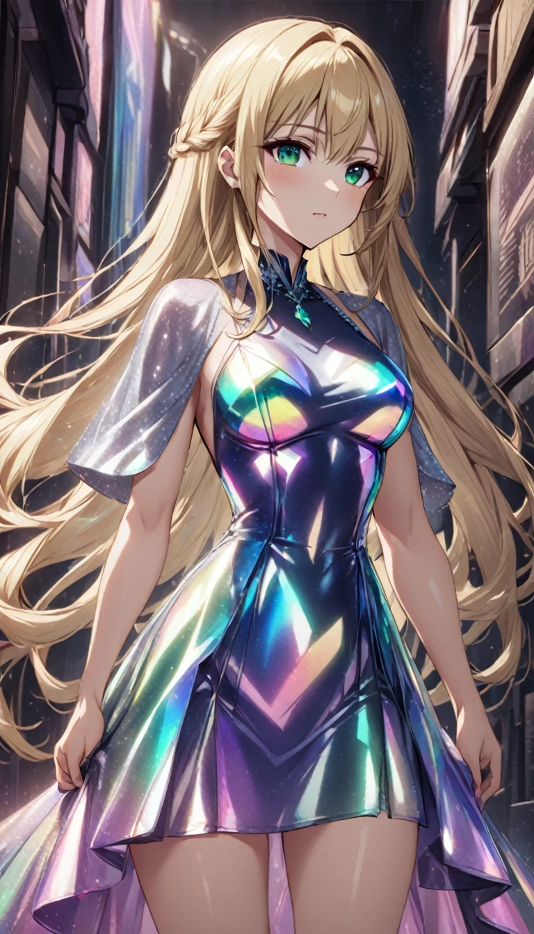 1girl,blonde hair,straight long hair,emeraldgreen eyes,medium breasts,iridescent,crystalline dress,dark background,cowboy shot