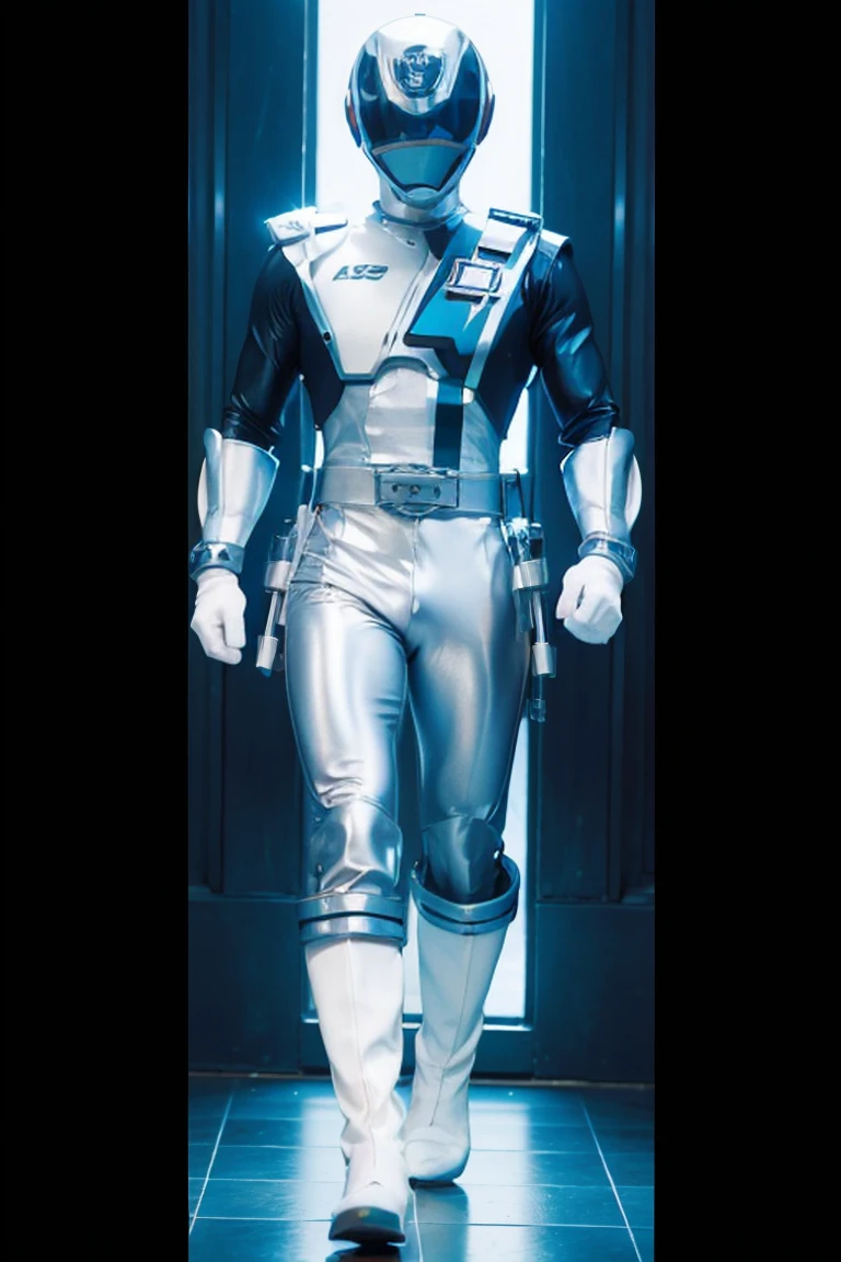 1boy, white, full body, Illustration, cinematic light, high resolution, best quality, ultra detailed, masterpiece, power suit, powerranger, suit, spd, (Silver ranger suit))