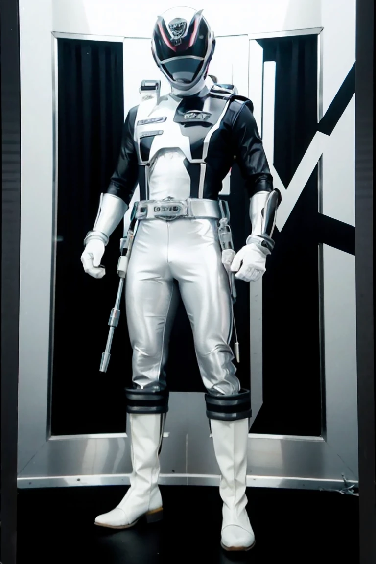 1boy, white, full body, Illustration, cinematic light, high resolution, best quality, ultra detailed, masterpiece, power suit, powerranger, suit, spd, (Silver ranger suit))