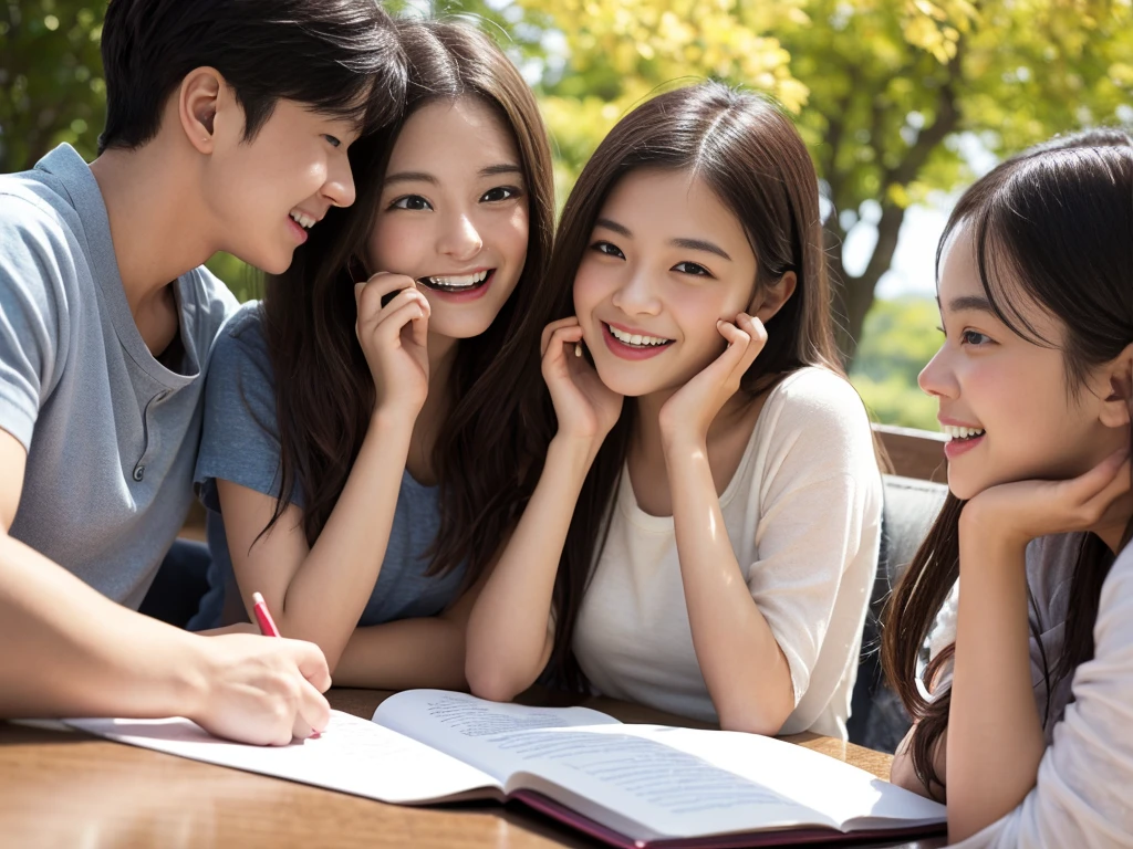 Photorealistic、A scene from a coming-of-age movie、Sit at a desk and enjoy studying with your friends、Laughing with your mouth open、Close-up of face、petal、season!!: summer☀ 🍂