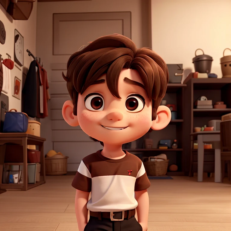 a  with brown hair He wears a dark red t-shirt with white stripes, black pants and gray shoes Disney Pixar