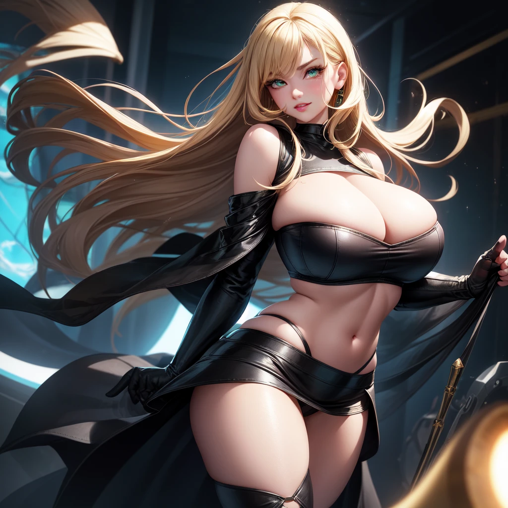 Girl standing alone, Big round breasts, curvy hips, small waist, realistic, bright blonde hair, bright green eyes, sparkling eyes, amazing big eyes, eye details, eyebrow details, lip liner, glowing eyes, crop top, skirt, parted lips, blush, confident, dominant, bdsm, smirk, naughty, mischevious face