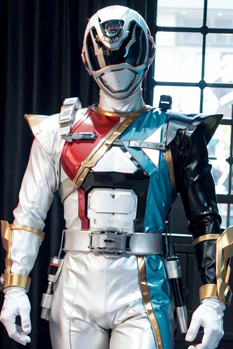 Fantasy background, cafe rpg style, empty chair, table, set of tea glass, (power rangers)), One guy、, ((white ranger suit)), red and blue chest armor with gold details, costume, Solo, ((fit figure)), (Anatomically correct), Cowboy shot, masked face, guns, muscular build