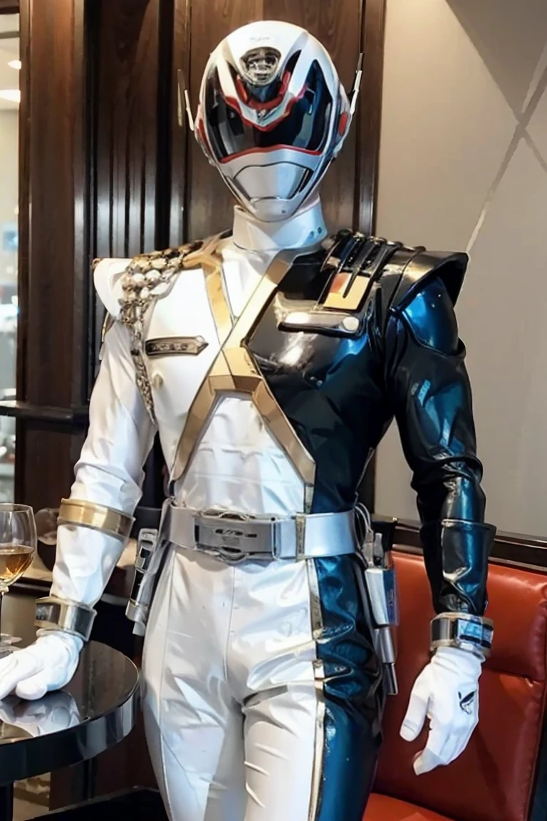 Fantasy background, cafe rpg style, empty chair, table, set of tea glass, (power rangers)), One guy、, ((white ranger suit)), red and blue chest armor with gold details,   costume, Solo, ((fit figure)), (Anatomically correct), Cowboy shot, masked face, guns, muscular build