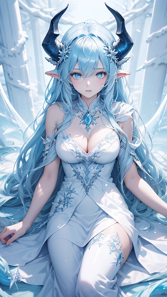 Best quality, cinematic image, Detailе.ed image, fantasy, mythical creature, horns, ice scales, beautiful woman, ice spirit, The Snow Queen, blue skin, Ice Dragon, detailed beautiful голубыe eyes, very long wavy white hair, cold look, White dress, big beautiful breasts, winter forest 