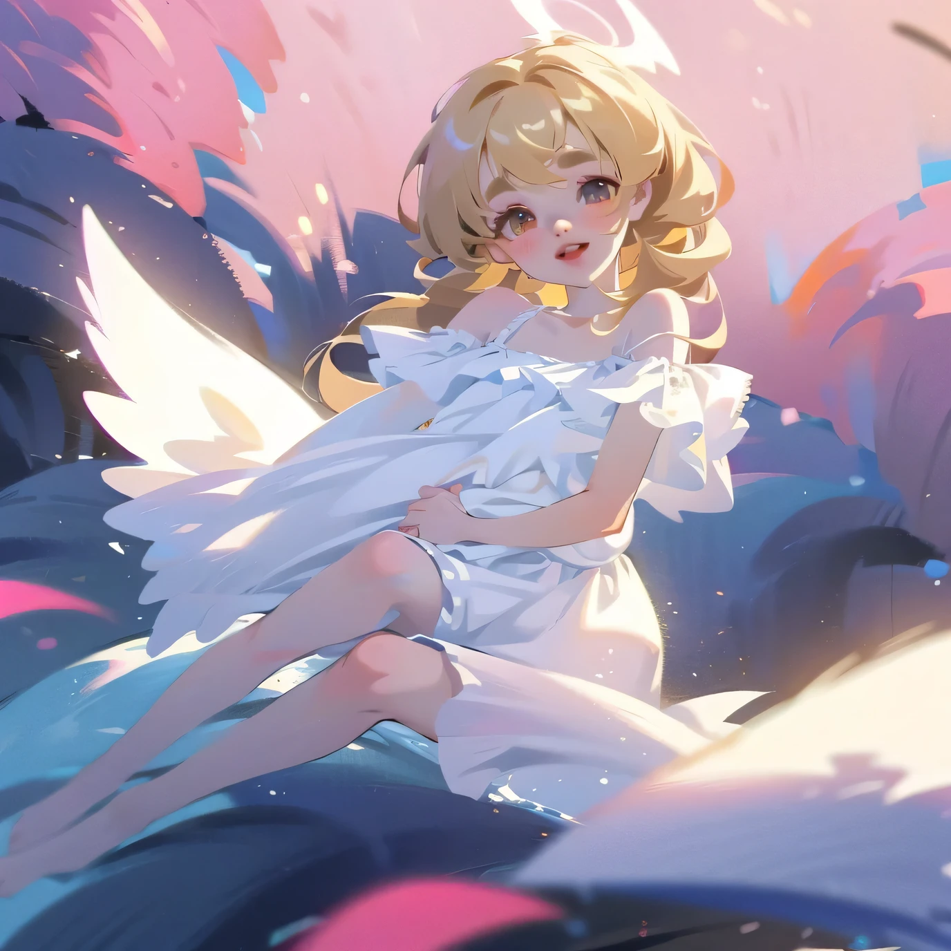 (High quality) (best quality) (A woman) (correct physiognomy) (best quality, 4k, 8K, high resolution, masterpiece: 1.2) woman, Extremely beautiful, Around 20 years old, long blonde hair with bangs on the back front, four small angel wings emerge from her head, two on the left side and two on the right side, two angel wings coming out of her back, a golden halo behind her head, golden eyes, sensitive lips, middle age, white dress with straps on the shoulders, skirt cut diagonally leaving one leg exposed, soft facial features, fine eyebrows, soft skin, slightly rosy cheeks, pink lips, silky eyelashes, dreamy expression, photo location the woman must be in a pond with water and fish in the middle of the forest, photo illuminated by sunlight, full body proportion, showing in the photo the body from head to torso