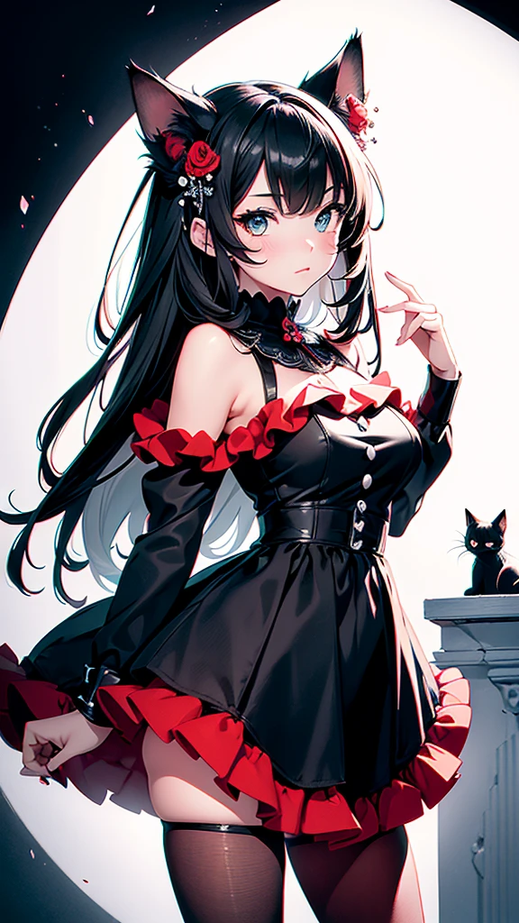 A centralized image in an amazing illustration of a charming perfect girl in black and white only, with the only piece in color being a red accessorie but just one and nothing else, in the center of this piece of art is the majestic hyperdetailed cat, watercolor professional style