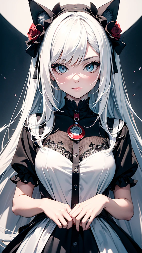 A centralized image in an amazing illustration of a charming perfect girl in black and white only, with the only piece in color being a red accessorie but just one and nothing else, in the center of this piece of art is the majestic hyperdetailed cat, watercolor professional style