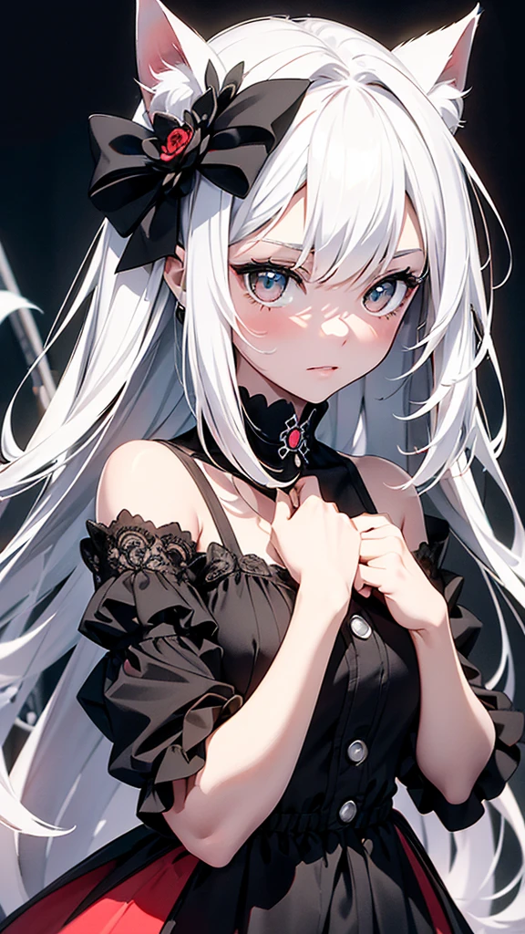 A centralized image in an amazing illustration of a charming perfect girl in black and white only, with the only piece in color being a red accessorie but just one and nothing else, in the center of this piece of art is the majestic hyperdetailed cat, watercolor professional style