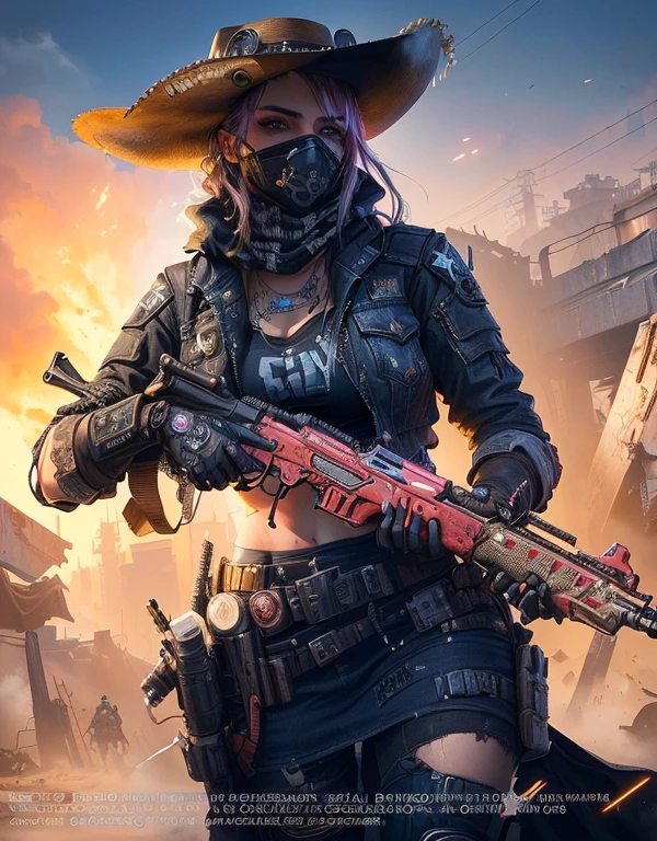 hay una mujer con un sombrero de vaquero sosteniendo una pistola, post - apocalyptic cowgirl, Arte detallado del juego illustration, Post - Apocalyptic Cowboy, salvaje oeste ciberpunk, Arte Splash de Shadowrun, more details, Wearing apocalyptic clothing, ultra Arte detallado del juego, apocalyptic style, arte conceptual del juego fps, irreal 5. retrato de rol, Arte detallado del juego, g cgsociedad, Cyberpunk Dark Fantasy Art, buena calidad en todo, 3d, animado