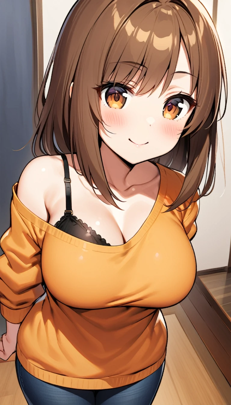 A confident anime girl who has long brown hair, brown eyes, breasts somewhere between B cups and C cups, weighs 158lbs, is 5'7", and a small, white, 1-inch scar above her left eye, sadly smiling. She usually wears a slightly oversized dull orange sweater off one shoulder, a black bra, and dark blue skinny jeans, in an American house.