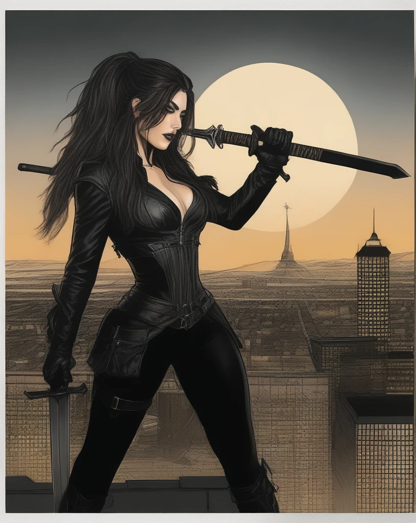 /imagine prompt: A captivating comic-style illustration featuring a 25-year-old female demon hunter with long wavy hair, in a black leather trench coat, corset, vinyl pants, and long boots, carrying a sword on her back. With gray eyes, black lips, and pale skin, she stands on a gargoyle atop a building with one leg raised, overlooking a cityscape under a full moon. The scene exudes a sense of mystery and strength, portraying the hunter as a formidable and skilled warrior in a dark and atmospheric setting, Artwork, pen and ink illustration with a focus on intricate details and dynamic character pose, --ar 16:9 --v 5

