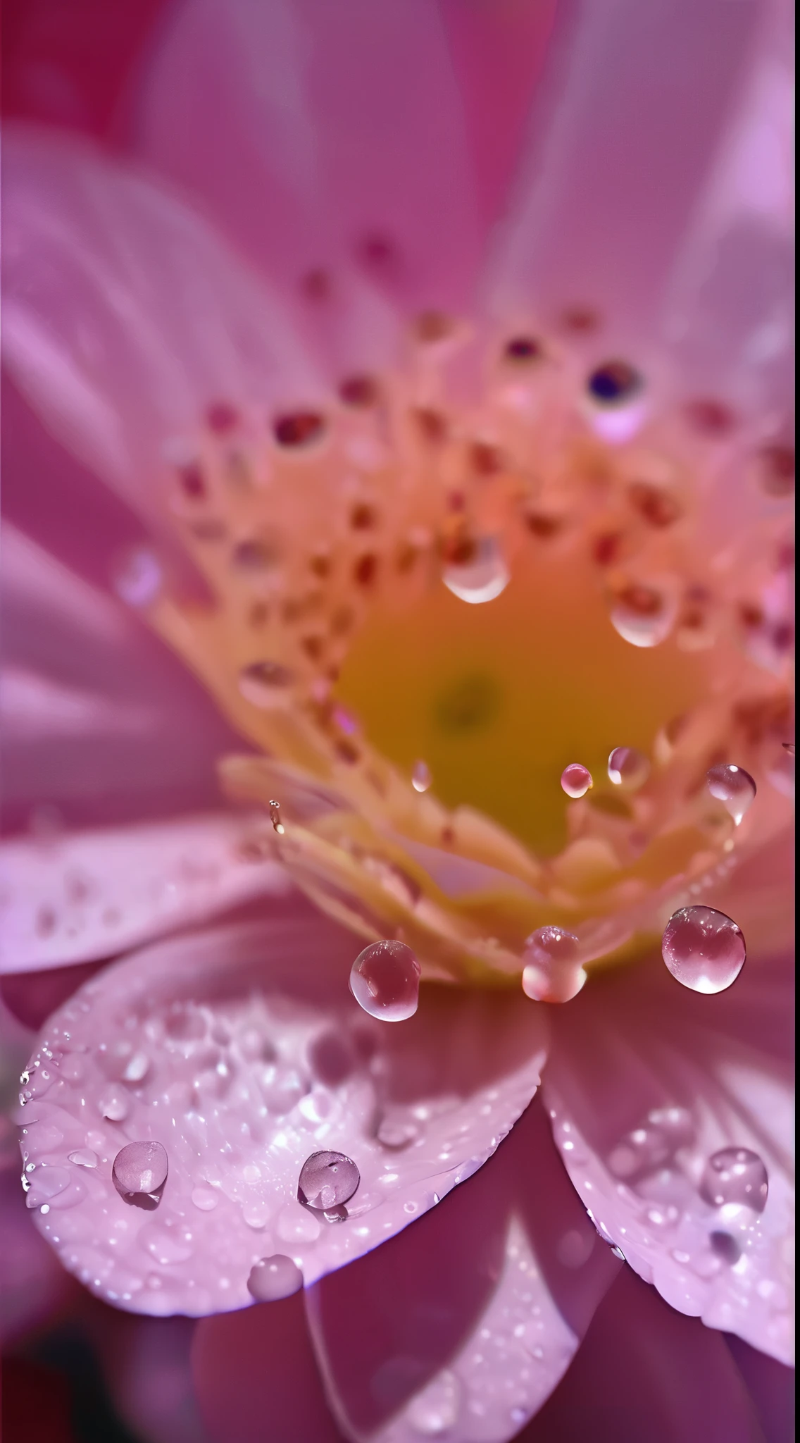 Fondo de lluvia,la mejor calidad,textura,Delicado y delicado,8K,enfocar:Macro,la fuente de luz:Arriba a la izquierda,Una rosa iridiscente,The petals are dotted with transparent water droplets.