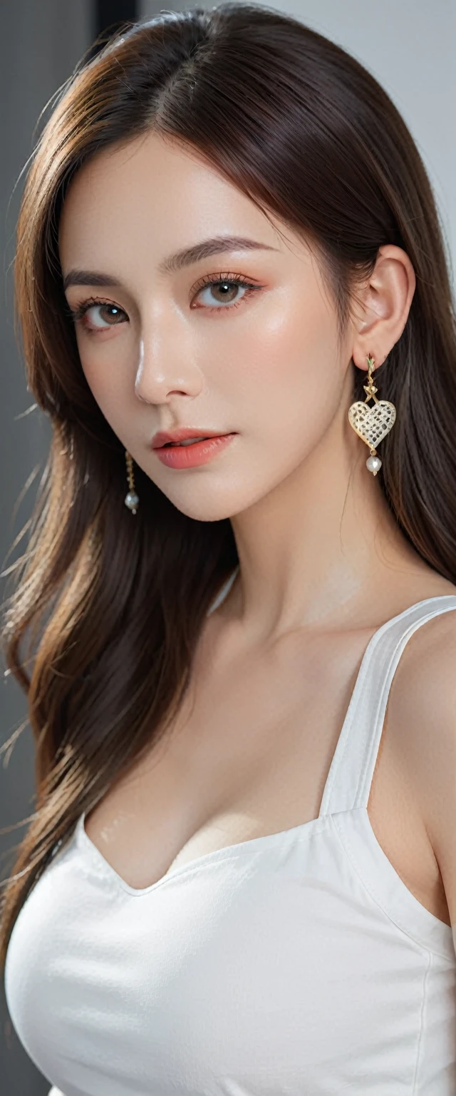 A beautiful woman with long brown hair, pretty eyes, eyes makeup, small earrings, wearing a white cropped shirt, low rise jeans, and a black mask, big Breasts, posing in night town, professional photography studio team, professional fashion model, (super shallow depth of field:1.4), magazine cover photo, (best quality, 8k, highres, masterpiece:1.2), ultra-detailed, (realistic, photorealistic, photo-realistic:1.37), UHD, studio lighting, ultra-fine painting, sharp focus, physically-based rendering, Octane Render, extreme detail description, professional, vivid colors, heart, bokeh, fashion,