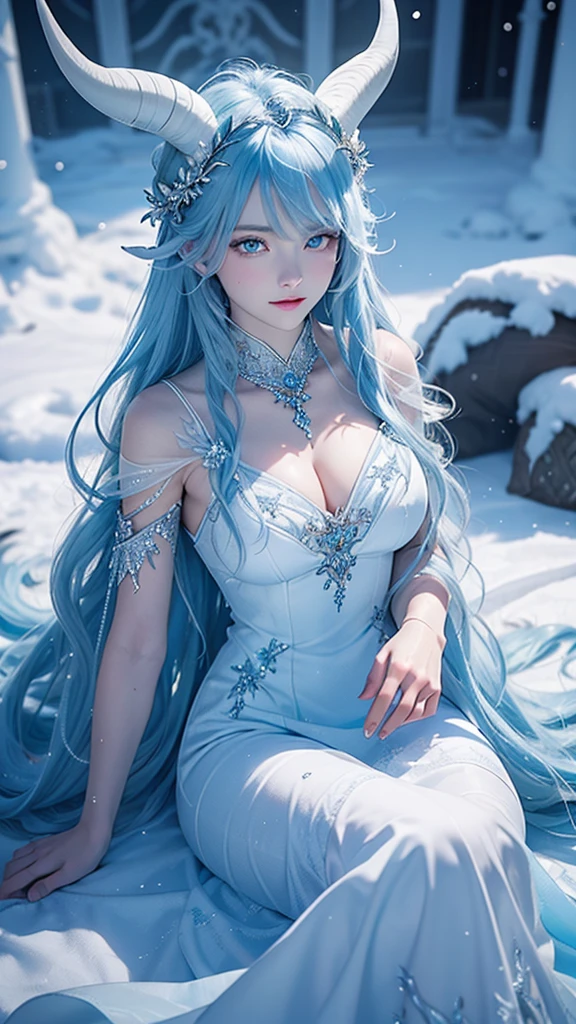 Best quality, cinematic image, Detailе.ed image, fantasy, mythical creature, horns, ice scales, beautiful woman, ice spirit, The Snow Queen, blue skin, Ice Dragon, detailed beautiful голубыe eyes, very long wavy white hair, cold look, White dress, big beautiful breasts, winter forest