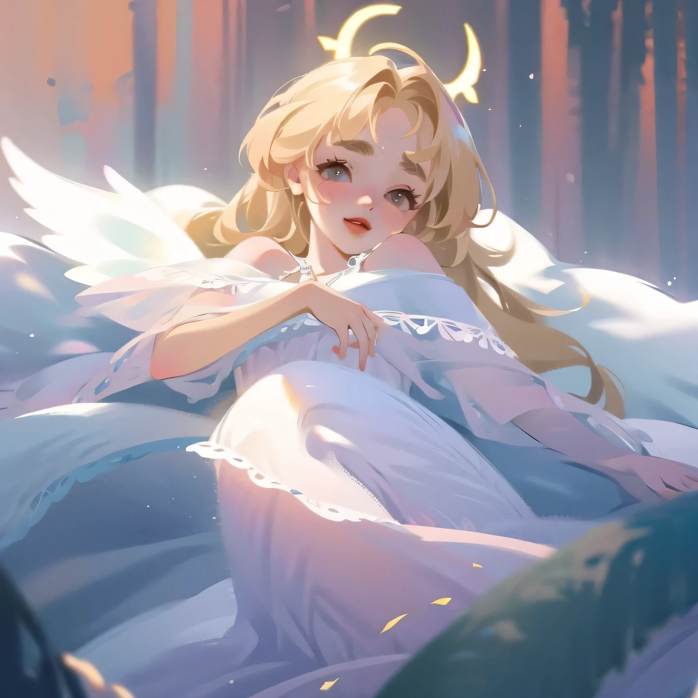 (High quality) (best quality) (A woman) (correct physiognomy) (best quality, 4k, 8K, high resolution, masterpiece: 1.2) woman, Extremely beautiful, Around 20 years old, long blonde hair with bangs on the back front, four small angel wings emerge from her head, two on the left side and two on the right side, two angel wings coming out of her back, a golden halo behind her head, golden eyes, sensitive lips, middle age, white dress with straps on the shoulders, skirt cut diagonally leaving one leg exposed, soft facial features, fine eyebrows, soft skin, slightly rosy cheeks, pink lips, silky eyelashes, dreamy expression, photo location the woman must be in a pond with water and fish in the middle of the forest, photo illuminated by sunlight, full body proportion, showing in the photo the body from head to torso