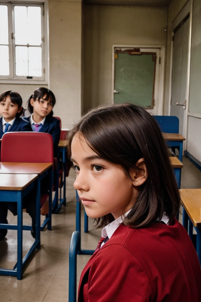 A boy in the classroom from the backbench looking a girl in red colour sitting in the front bench, both looking each other 