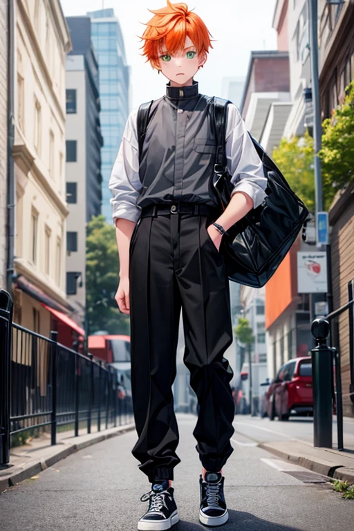 girl disguises as a boy, has short orange hair, green eyes, wears uniform school a gray gakuran buttoned up to the top, black high tops and plained pants