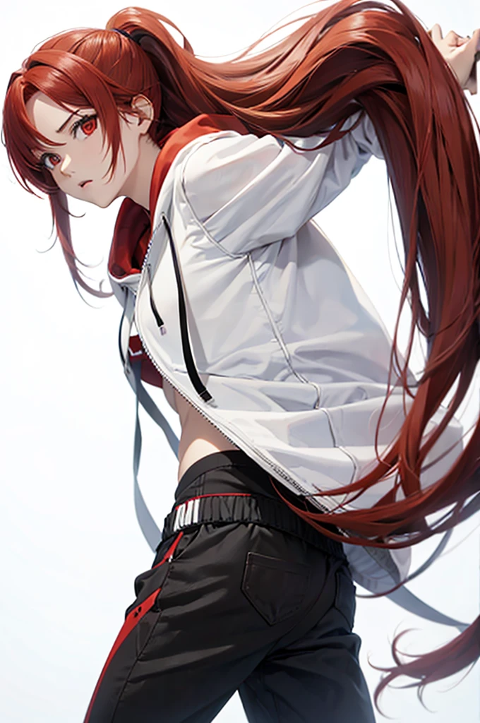 1 person, Red Hair, ponytail, red eyes, white hoodie, black pants, white background,