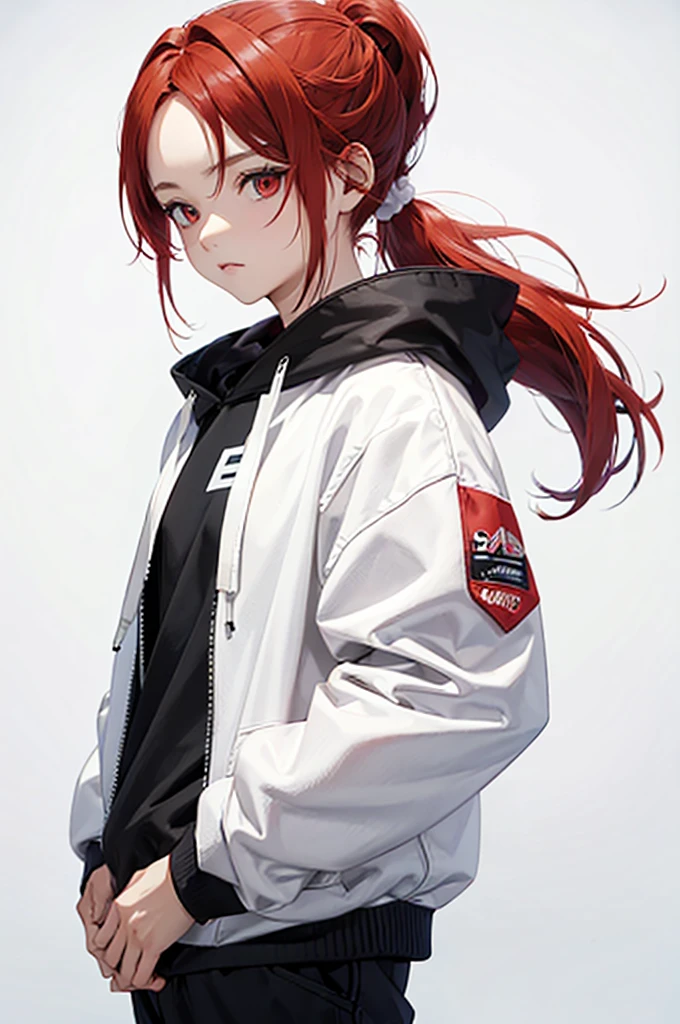 1 person, Red Hair, ponytail, red eyes, white hoodie, black pants, white background,