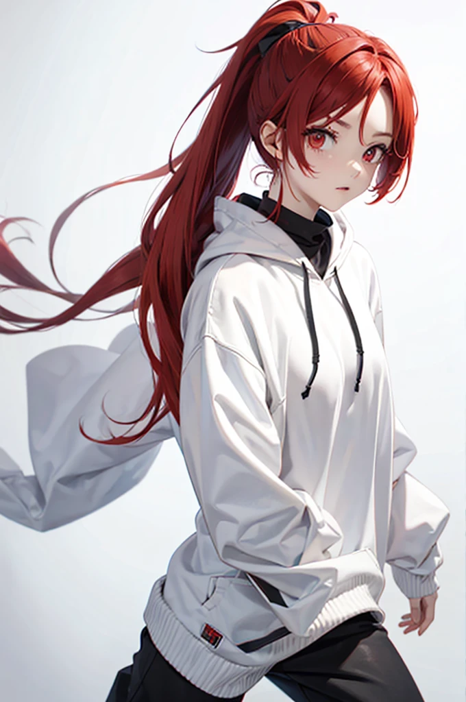 1 person, Red Hair, ponytail, red eyes, white hoodie, black pants, white background,