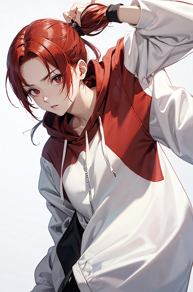 1 person, Red Hair, ponytail, red eyes, white hoodie, black pants, white background,