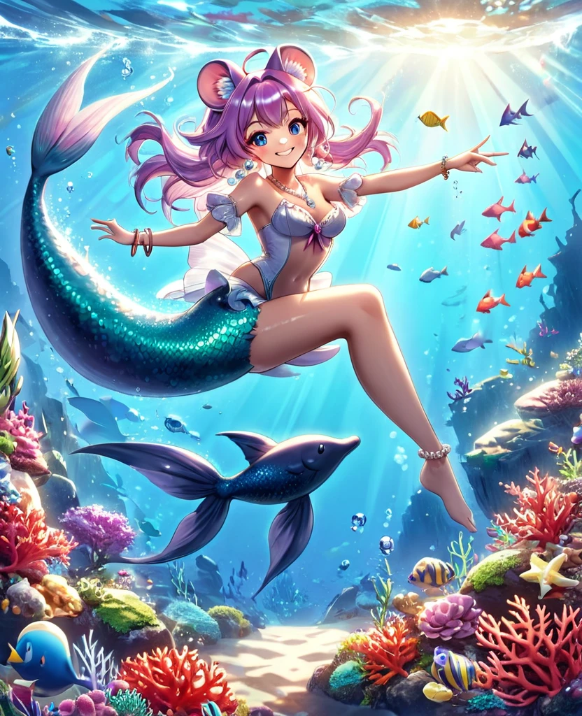 Highly detailed, masterpiece, high quality, pretty anthropomorphic mouse girl magically transformed into a mermaid, fantasy, race change, smiling, anime style, mouse ears, long mermaid tail below waistline, pelvic and dorsal fins, a pair of fish gills on her neck, seashells bra, pearl earrings and bracelets, pearl necklace,