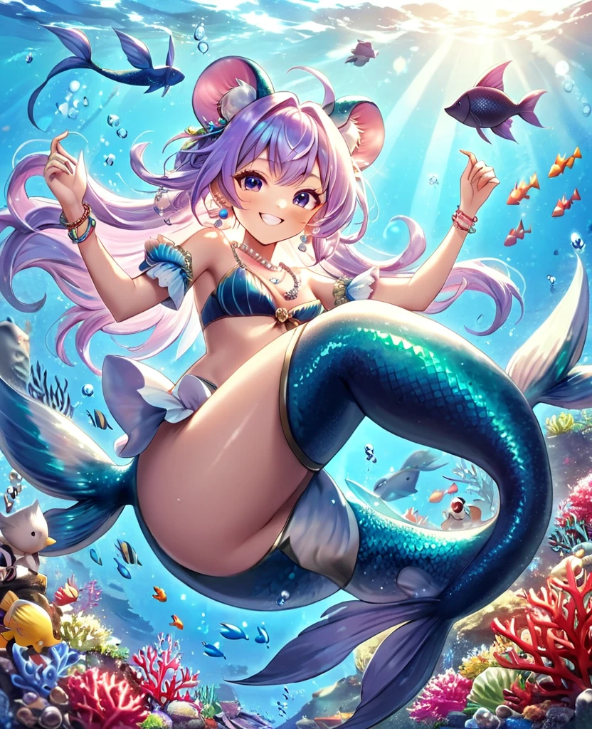 Highly detailed, masterpiece, high quality, pretty anthropomorphic mouse girl magically transformed into a mermaid, fantasy, race change, smiling, anime style, mouse ears, long mermaid tail below waistline, pelvic and dorsal fins, a pair of fish gills on her neck, seashells bra, pearl earrings and bracelets, pearl necklace,