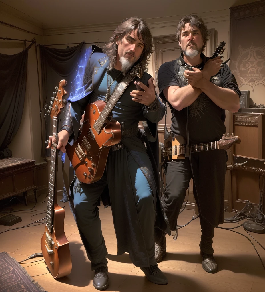 they are posing for a picture in a room with a guitar, gustave dore and greg rutkowski, greg rutkowski and wayne barlowe, alex horley and jimmy nelson!, holding electric guitars, mars ravelo and greg rutkowski, greg rutkowski and j.dickenson, greg rutkowski and rob ross, greg rutkowski and edgar maxence