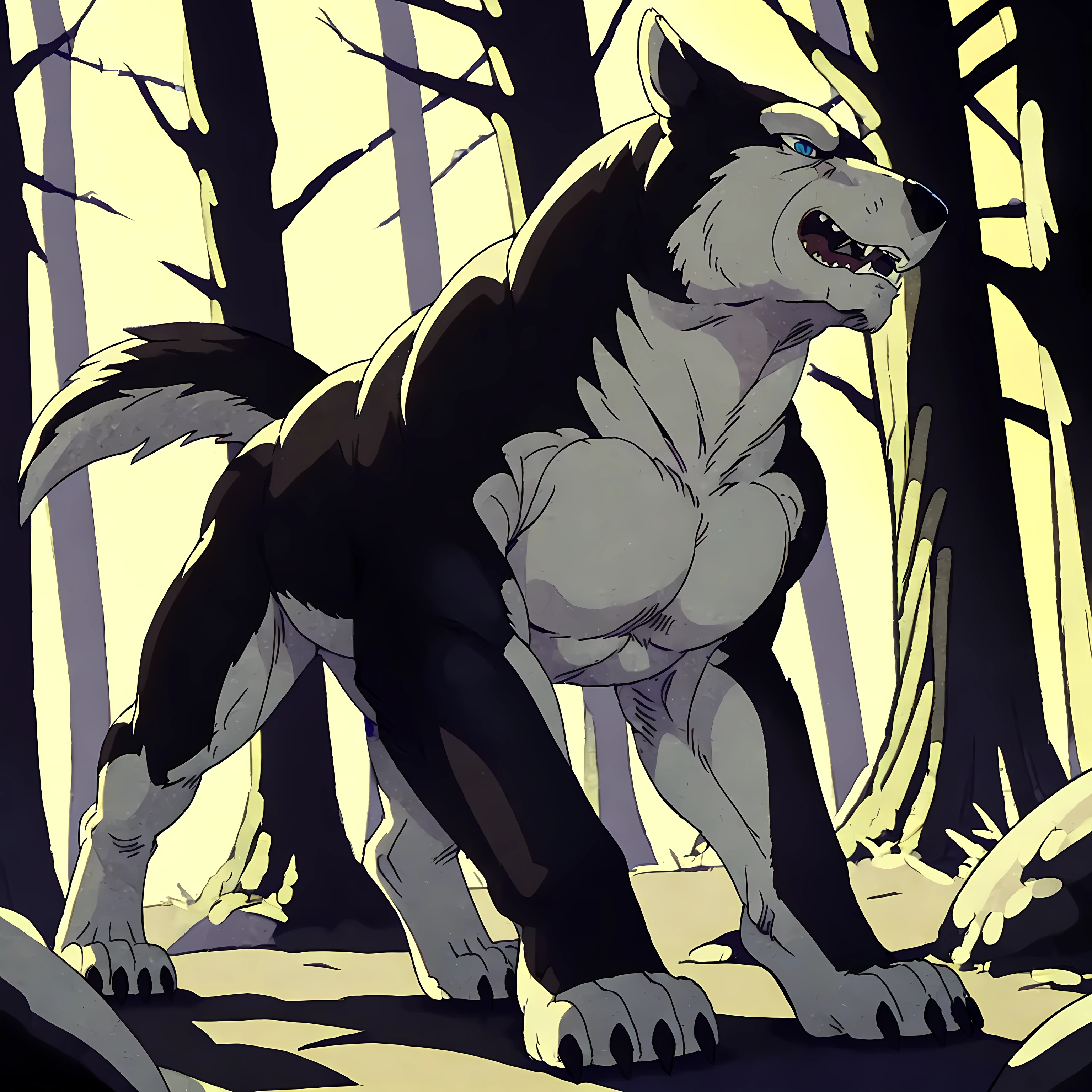 kisaragi (ginga), male, masculine, feral:1.1, quadruped, full body, (muscular forelegs, muscular neck, muscular shoulders, muscular hindlegs, muscular feral):1.5, (pectorals, biceps):1.1, paws, detailed, high quality, best resolution, solo, posing, standing, (forest background, sunrays, blurry background):1.1, shadow on ground, dog tail, by wfa, by seibear, by rossciaco, by taran fiddler, by echin:0.5, cel shaded, proud, majestic, detailed eyes, blue eyes